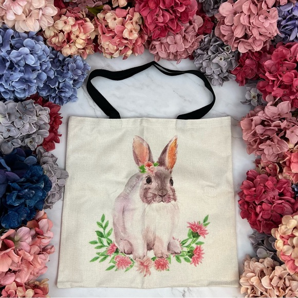 Eco-Friendly Bunny with Pink Flowers Folding Tote Bag - Picture 2 of 14